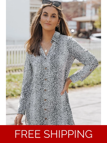 Long Sleeve Leopard Animal Print Shirt Dress