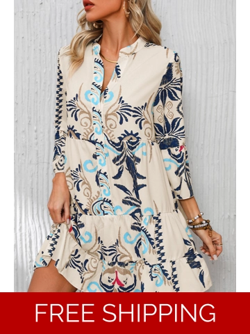 White Printed Tribal Bracelet Sleeve Buttoned Mini Dress