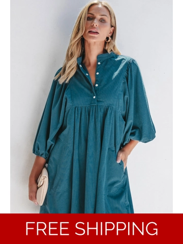 Blue Corduroy Snap Buttons Empire Waist Bracelet Sleeve Dress