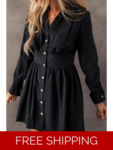 Black Elastic Cinched High Waist Long Sleeve Shirt Mini Dress