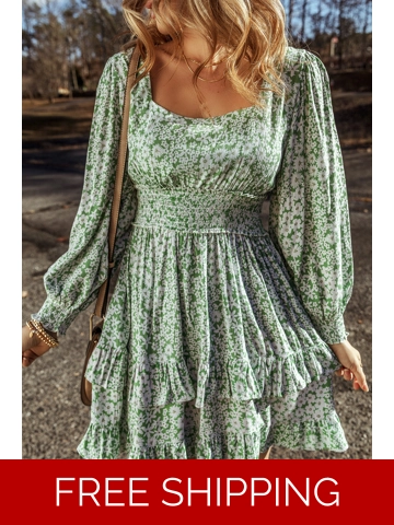 Green Floral Print Square Neck Shirred Waist Tiered Ruffled Mini Dress