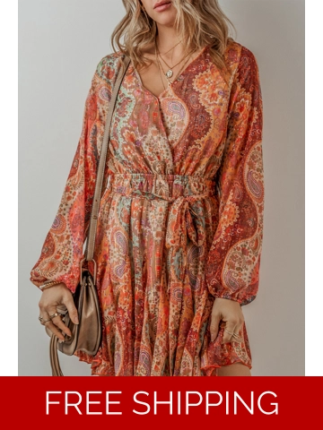 Orange Boho Paisley Print Long Sleeve Pleated Belted Mini Dress