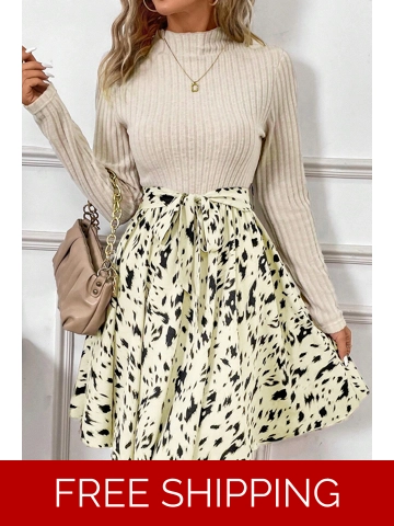 Beige Ribbed Knit Patchwork Printed Belted A-line Dress