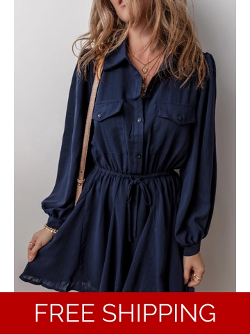 Navy Blue Solid Chest Pockets Tunic Shirt Mini Dress