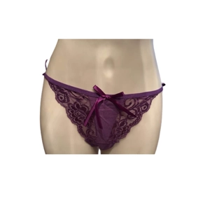 Sexy Purple Lace-up Thong Panties, Semi-Sheer Bow Thong