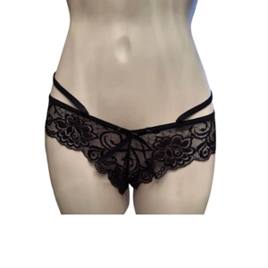 Sexy Black Lace Jacquard Sheer Bikini Panties, Low Waist with Straps