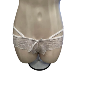 Sexy White Lace Jacquard Sheer Bikini Panties, Low Waist with Double Straps