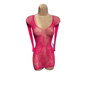 Sexy Bright Pink 3/4 Sleeve Sheer Nylon & Spandex Mini-Dress