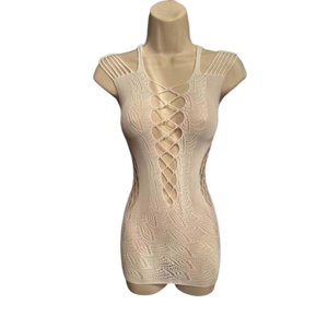 Sexy White Strappy Low-Cut Lace-Up Sheer Nylon & Spandex Mini-Dress