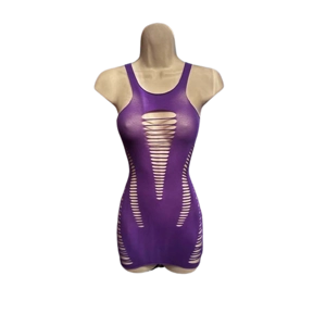 Sexy Purple Low Cut Strapped Bare-Skin Style Mini Dress with Wavy Hemline