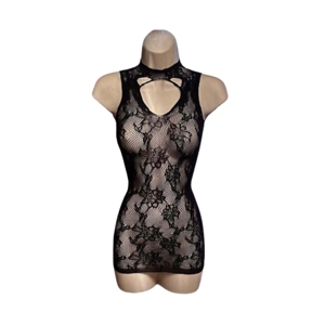 Sexy Black Sleeveless Keyhole Neck Nylon & Spandex Sheer See-Thru Mini Dress