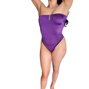 One Piece Royal Purple Bodysuit with Sparkling Rhinestones Accents