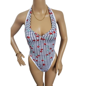 Sexy White Trimmed Cherry and Gingham Print Thong Bodysuit