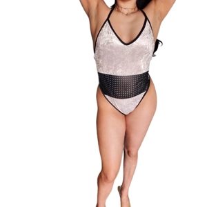 White Velvet One Piece, Black See-Thru Midsection, Thong Style Bottom