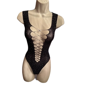 Fancy One Piece Black Open 'Laced-Up Look' Front Sexy Bodysuit with Rhinestones