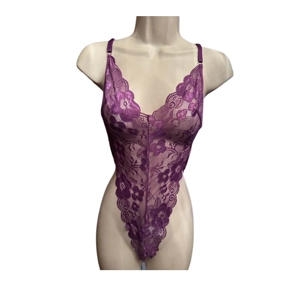 Strappy Purple Floral Lace 1-Piece Teddy, Deep V Backless Thong Bodysuit, Women's Sexy Lingerie