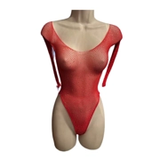 Ultra-Sexy Red Fishnet Teddy Mesh Thong Bodysuit with Rhinestones