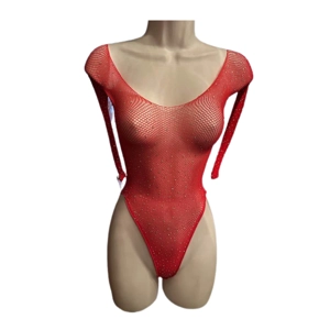 Ultra-Sexy Red Fishnet Teddy Mesh Thong Bodysuit with Rhinestones