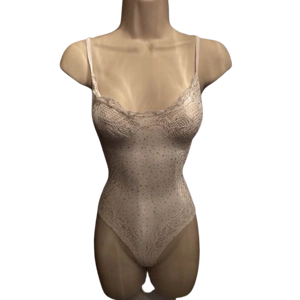 White Mesh Bodysuit Rhinestone Sheer Teddy Lingerie One Piece