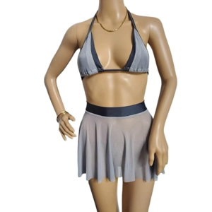 Gray Bikini Top, Matching Skirt, Navy Trim