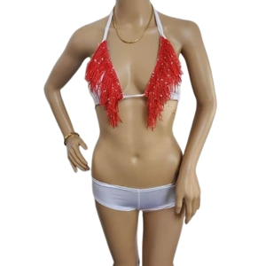 Red Fringe Top with White Booty Shorts, 2-Piece Set