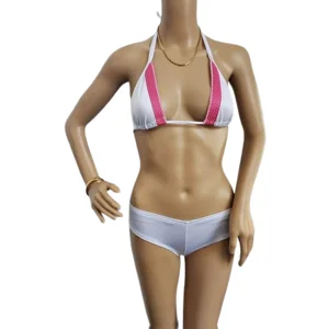 Sexy Pink White Bikini Halter Top with Pink Trim & Matching White Booty Shorts
