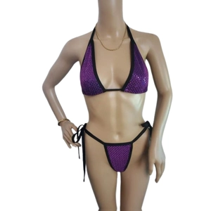 Royal Purple Sequin Dots Bikini Set with Matching Halter Top & Thong Bottom