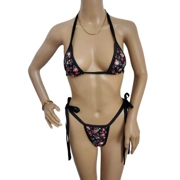 Sexy Black Bikini Set with Rose Print Top & Matching Thong