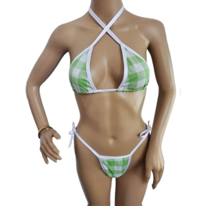 Bikini Set with Green & White Checker Top & Matching Thong