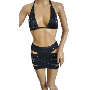Super-Sexy Black Two-Piece Set with Matching Bikini Halter Top & Mini-Skirt, both with Rhinestones