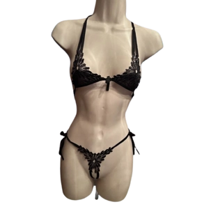 Sexy Thin Strappy Black Halter Bra with Matching See-Thru String Panties