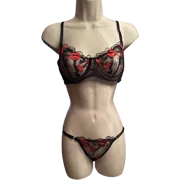 Super-Sexy Red Lips Embroidered Set with Semi-Sheer Mesh Bra & G-string Panties (Size L)