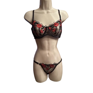 Super-Sexy Red Lips Embroidered Set with Semi-Sheer Mesh Bra & G-string Panties (Size L)