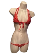 Lacy Red Hot Two-Piece Set with Sexy Bra & Matching Crotchless Thong Panties