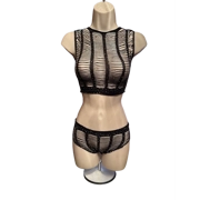 Sexy Wide Vertical Stripe Black Fishnet Bodysuit with Rhinestones