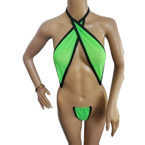 Sexy Green Two-Way See-Thru Top with Attached Thong Bottom, Rhinestones