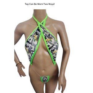 Money, Money, Money-Print Two-Way Top with Matching Attached Thong
