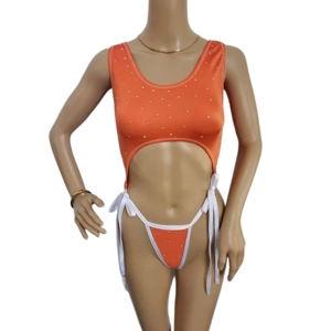 Orange Sequined Cropped Halter Top with Attached Matching Thong