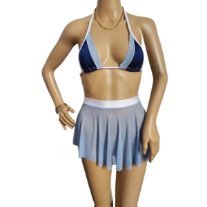 Two-Tone Blue Bikini Top, Matching See-Thru Skirt with White Trim