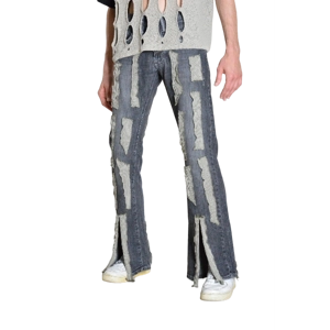 (S) Y2K Reworked Unisex Grey Khaki Flare Jeans Grunge Pants Upcycled Waist size 29 In Small
