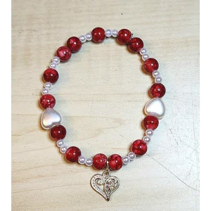 Red Beads with Small White Pearl Beads and Pearl Hearts and a Gold Heart Charm