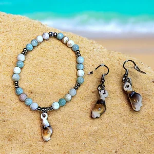 Amazonite, Silver and a Shell Stretch Bracelet & Shell Earrings