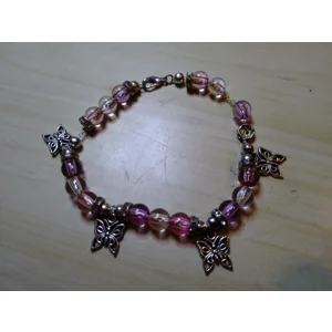 Pink and Clear Acrylic Beads, Silver Beads and Silver Butterflies on Lobster Claw Clasp Bracelet