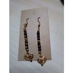Golden Tiger's Eye Earrings with Heart Charms