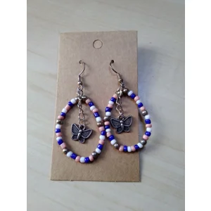 Blue, Coral & White Glass Seed Beads on Silver Fishhook style Earrings and Butterfly Charms