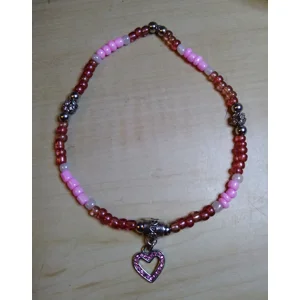 Pink and Red Glass Ssed Beads, Silver Accent Beads and  a Silver & Pink Jeweled Charm