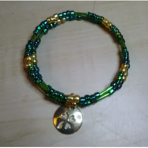 Green and Gold Seed Bead Coil Bracelet with Gold Heart