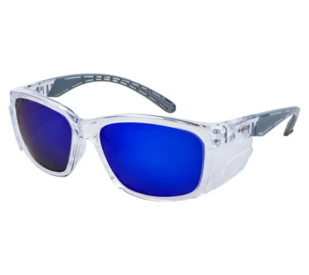 Rayzr Safety Glasses - Clear Frame - Blue Mirror Polarised
