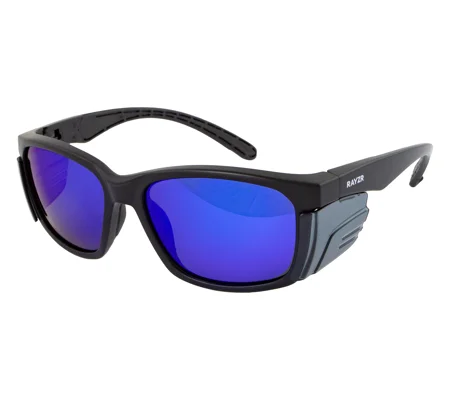 Rayzr Safety Glasses - Matte Black Frame - Blue Mirror Polarised