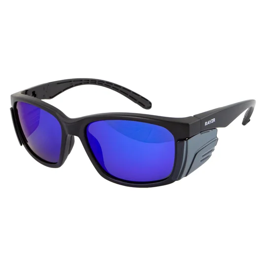 Rayzr Safety Glasses - Matte Black Frame - Blue Mirror Polarised